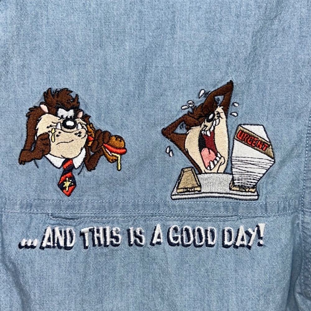 Vintage Warner Brothers Studio Taz Tasmanian Devil Denim Shirt Cartoon Medium - Picture 5 of 13